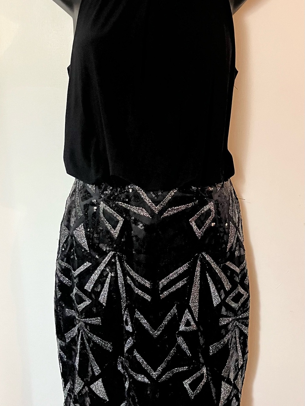 Vince Camuto Black Midi dress with Silver Geometric Sequin Detail